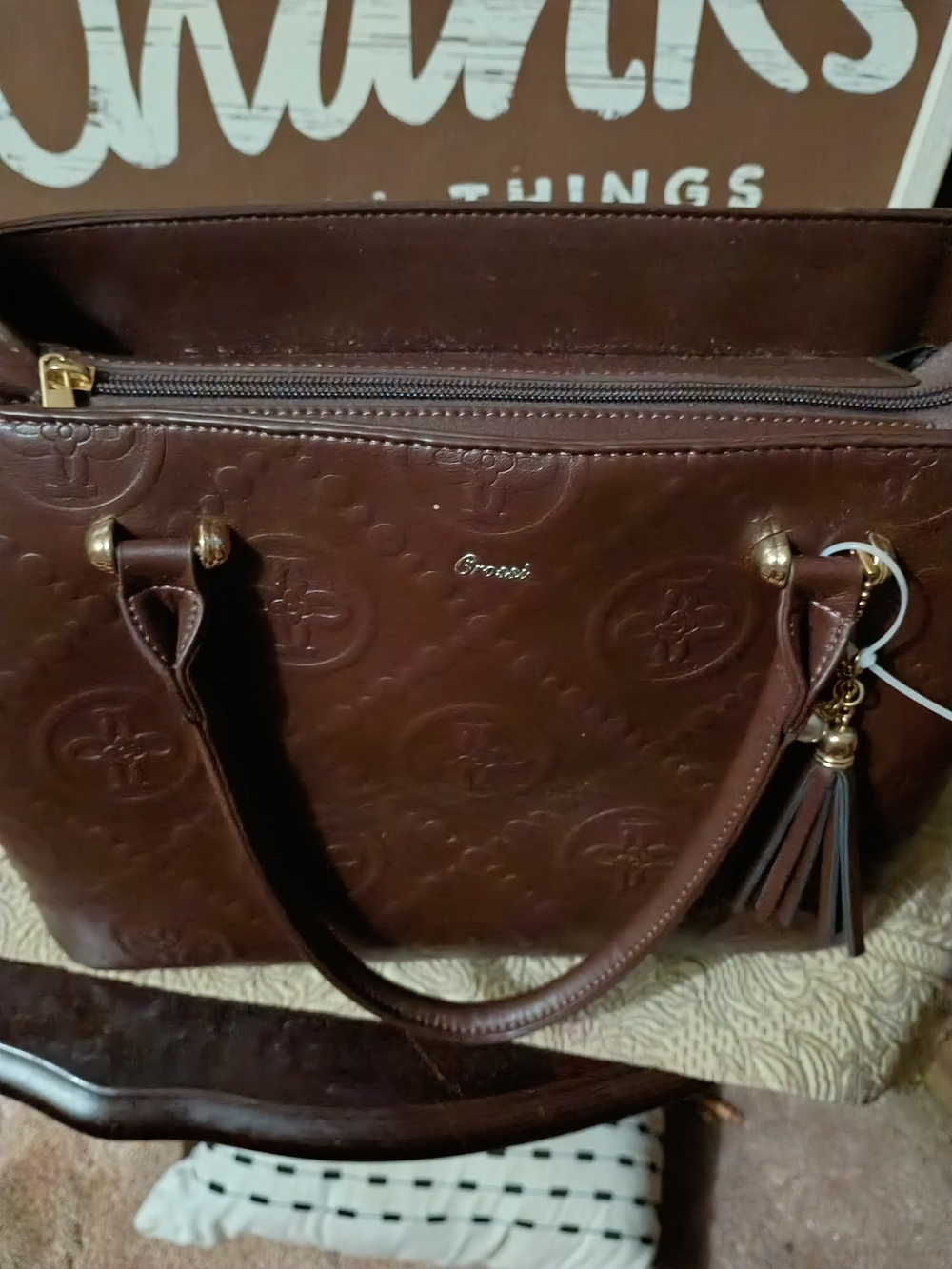 Brown Embossed Leather Tote with Tassel Charm